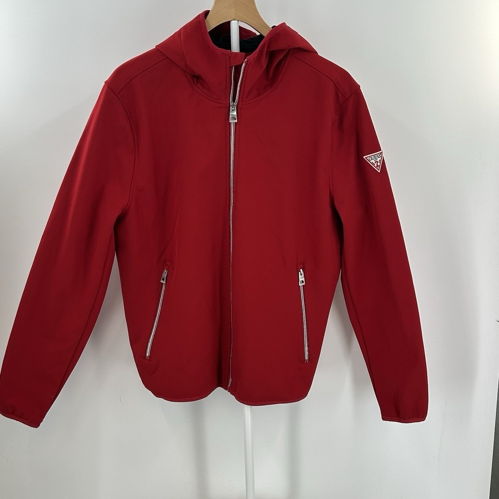 GUESS Red Zip Up Hoodie Jacket Men's Large Lightweight Logo Sleeve Full Zip